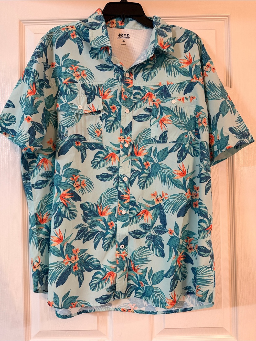 Izod Teal Tropical Print Short-Sleeve Button-Down Shirt